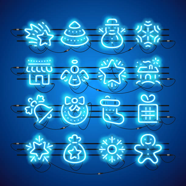 boże narodzenie neon ikony niebieski - wrapping paper christmas gift snowman stock illustrations