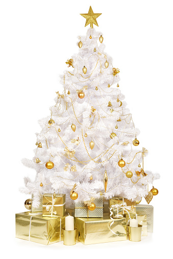 Studio shot of white Christmas tree with gift boxes isolated on white background