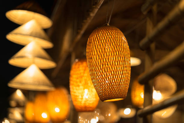 istock Decorating hanging lantern lamps in wooden wicker made from bamboo 871566738