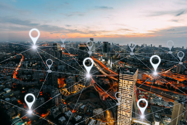 navigazione gps di rete moderna tecnologia del futuro della città - location services foto e immagini stock