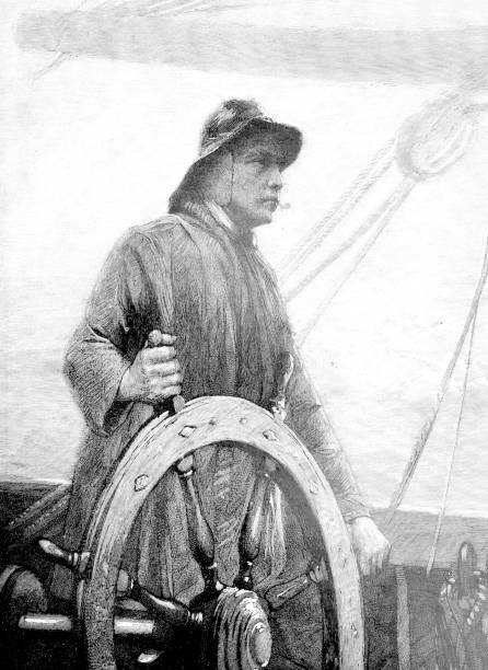 Seaman at the steering wheel on the sea Illustration from 19th century vintage sailor stock illustrations