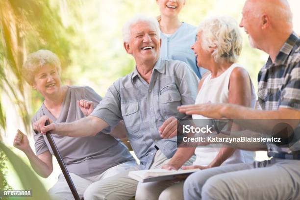 Grupo De Sonrientes Amigos Seniors Foto de stock y más banco de imágenes de Tercera edad - Tercera edad, Felicidad, Hablar