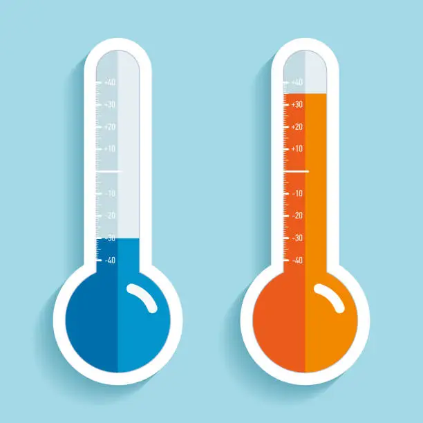 Vector illustration of Thermometers in flat style, cold and hot temperature, design element on color background. Vector design object