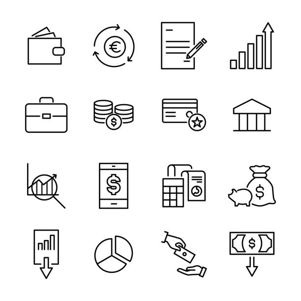 ilustrações de stock, clip art, desenhos animados e ícones de premium set of banking line icons. - wallet buying white dollar