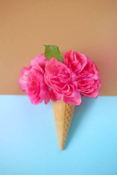 istock flower ice cream. Roses in a waffle cup on a mixed blue and brown background 871580730