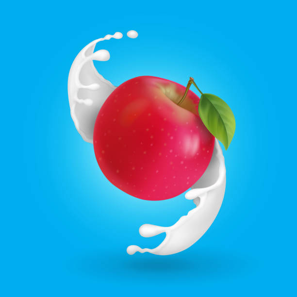 ilustrações de stock, clip art, desenhos animados e ícones de red apple and milk splash realistic illustration. - dairy farm liquid food and drink splashing