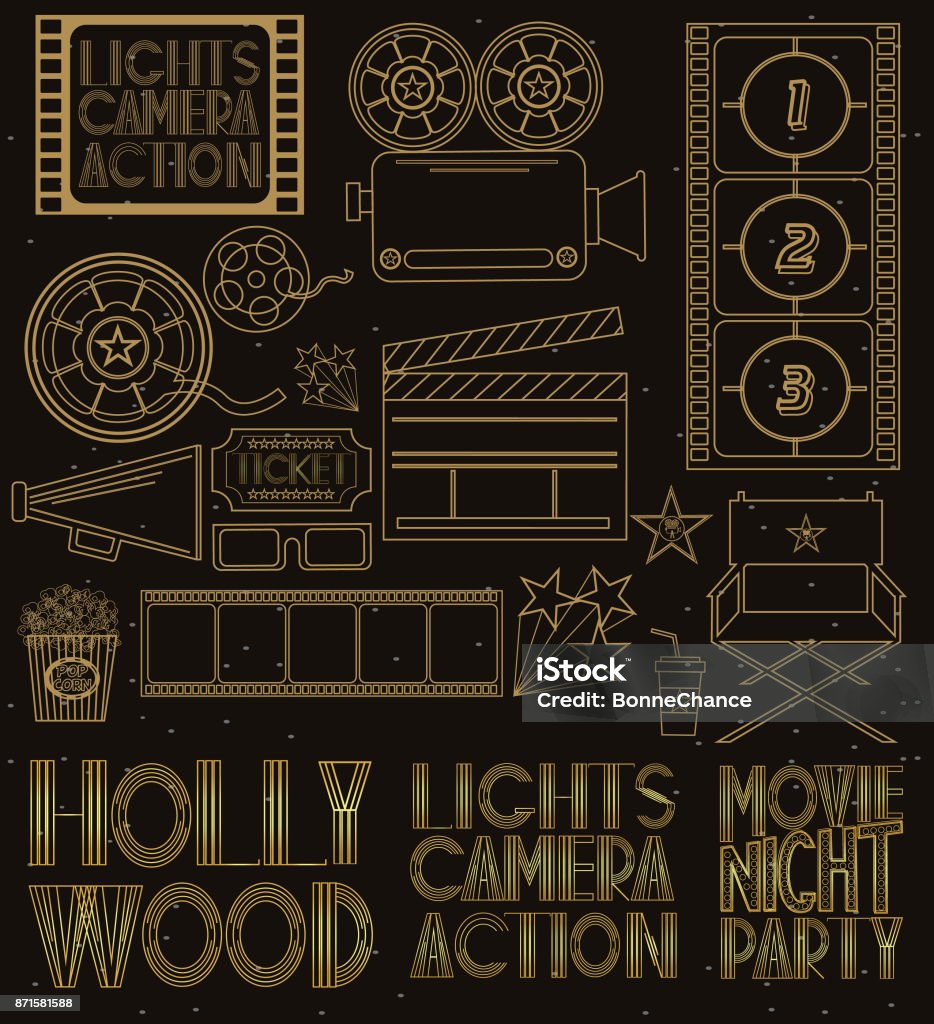 映画演劇の要素を持つ映画館およびフィルムの概念図のセット - 古いのロイヤリティフリーベクトルアート