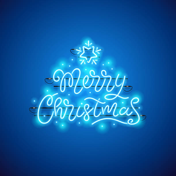 illustrazioni stock, clip art, cartoni animati e icone di tendenza di buon natale blue neon sign - christmas lights wreath christmas blue