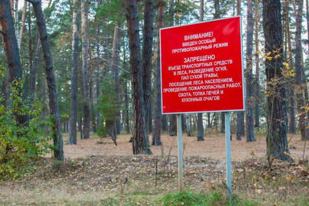 Informational plaque before entering the Russian forest: Warning: Special fire safety regime introduced Forbidden: vehicles entering forests, fire breeding, dry grass, visiting the forest by the population, carrying out fire-dangerous works, hunting, furnishing furnaces and kitchen fires.