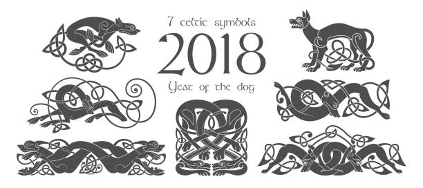 illustrazioni stock, clip art, cartoni animati e icone di tendenza di set di simboli celtici di cani. elementi di design in stile tribale. - celtic culture celtic style dog tied knot