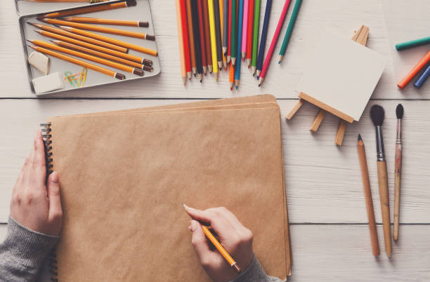 istock Workplace of artist, flat lay, top view, desktop 871597980