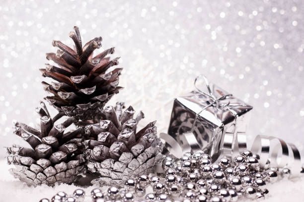 istock Christmas composition of Christmas tree toys on a silver background 871600946