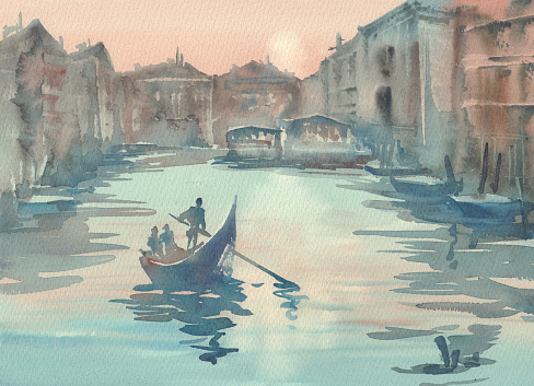 Venice sketch in the morning mist watercolor landscape with a gondola