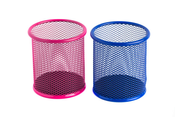 istock Red and blue basket for pens and pencils on the white background 871605948