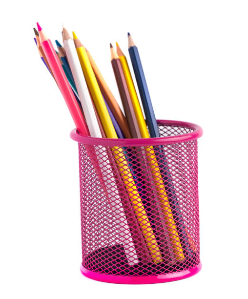 istock color pencils in the red metal grid container isolated on white with clipping path 871606474