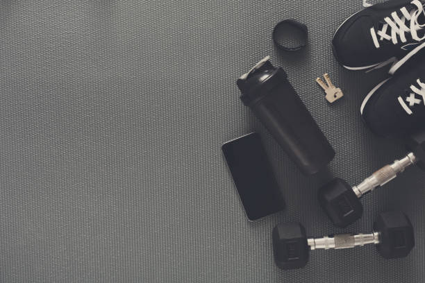 istock Fitness background, sport equipment, copy space 871613856