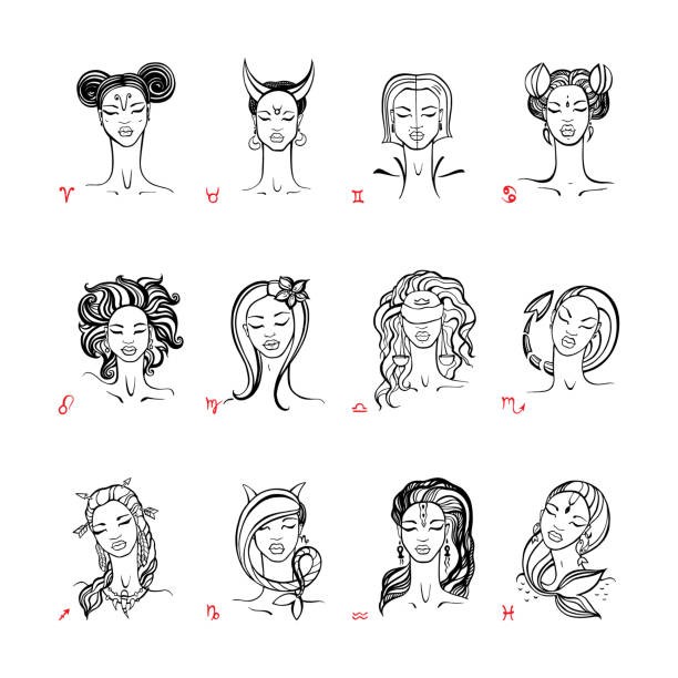 Zodiac sign. Beautiful fashion girl. Vector hand drawn illustration Zodiac signs collection. Beautiful fashion zodiac girl. Horoscope series. Ink hand drawn Vector illustration female scorpio tattoos stock illustrations