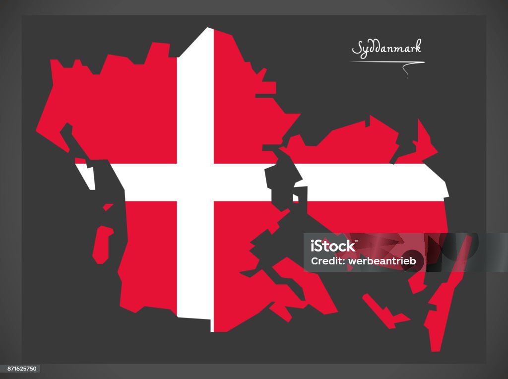 Syddanmark mapa da Dinamarca com ilustração de bandeira nacional dinamarquês - Vetor de Bandeira royalty-free