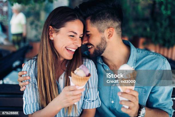 Happy Couple Having Date And Eating Ice Cream Stock Photo - Download Image Now - Couple - Relationship, Ice Cream, Dating