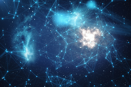 3D Rendering Technological Connection Futuristic Shape, Blue Dot Network, Abstract Background, Blue Background With Stars and Nebula, Concept of Network