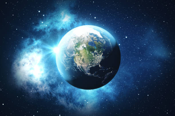 render 3d globo del mundo desde el espacio en un campo de estrellas que muestra el cielo nocturno con estrellas y nebulosa. vista de la tierra desde el espacio. elementos de esta imagen proporcionada por la nasa - ring galaxy fotografías e imágenes de stock