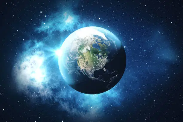 3D Rendering World Globe from Space in a Star Field Showing Night Sky With Stars and Nebula. View of Earth From Space. Elements of this image furnished by NASA Link https://commons.wikimedia.org/wiki/File:Whole_world_-_land_and_oceans_12000.jpg