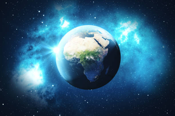 istock 3D Rendering World Globe. Earth Globe with Backdrop Stars and Nebula. Earth, Galaxy and Sun From Space. Blue Sunrise. Elements of this image furnished by NASA 871635704