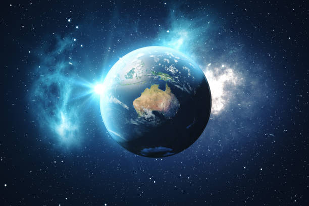 istock 3D Rendering World Globe. Earth Globe with Backdrop Stars and Nebula. Earth, Galaxy and Sun From Space. Blue Sunrise. Elements of this image furnished by NASA 871635736