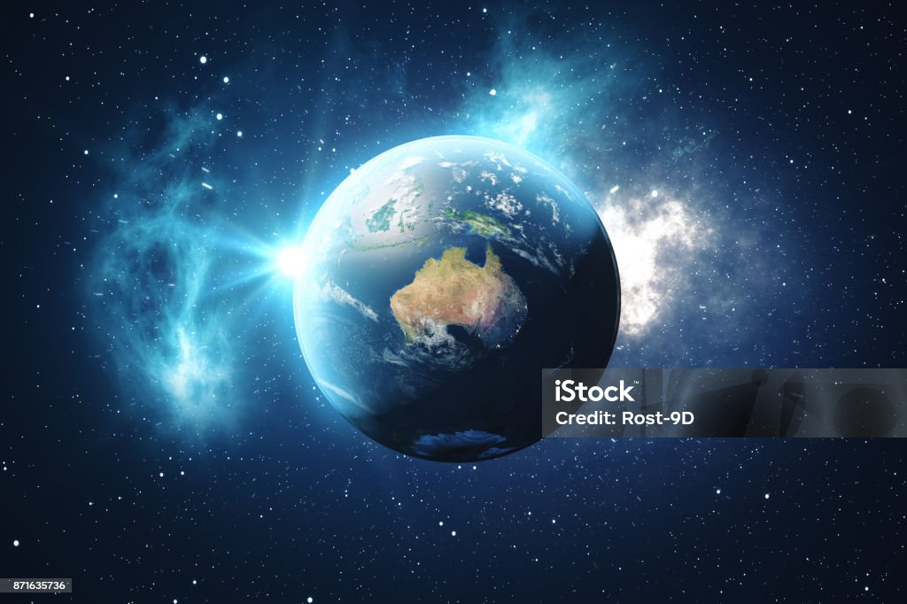 3D Rendering World Globe. Earth Globe with Backdrop Stars and Nebula. Earth, Galaxy and Sun From Space. Blue Sunrise. Elements of this image furnished by NASA 3D Rendering World Globe from Space in a Star Field Showing Night Sky With Stars and Nebula. View of Earth From Space. Elements of this image furnished by NASA Link https://commons.wikimedia.org/wiki/File:Whole_world_-_land_and_oceans_12000.jpg Stratosphere Stock Photo