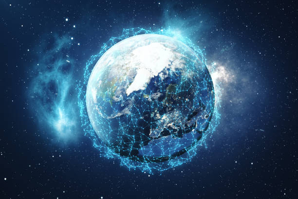 fundo de rede global de renderização em 3d. linhas de conexão com pontos ao redor do globo da terra. conectividade internacional global. terra do espaço com estrelas e nebulosa. elementos da imagem fornecida pela nasa. - ecossistema - fotografias e filmes do acervo