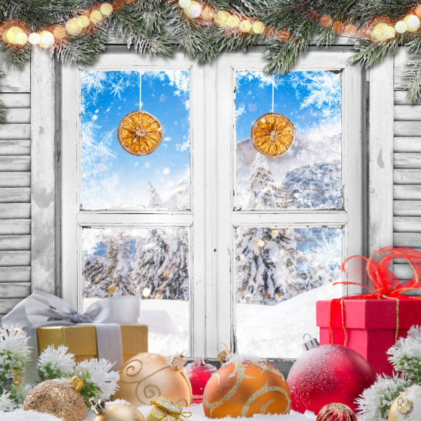istock Christmas old white window with decorations 871644788