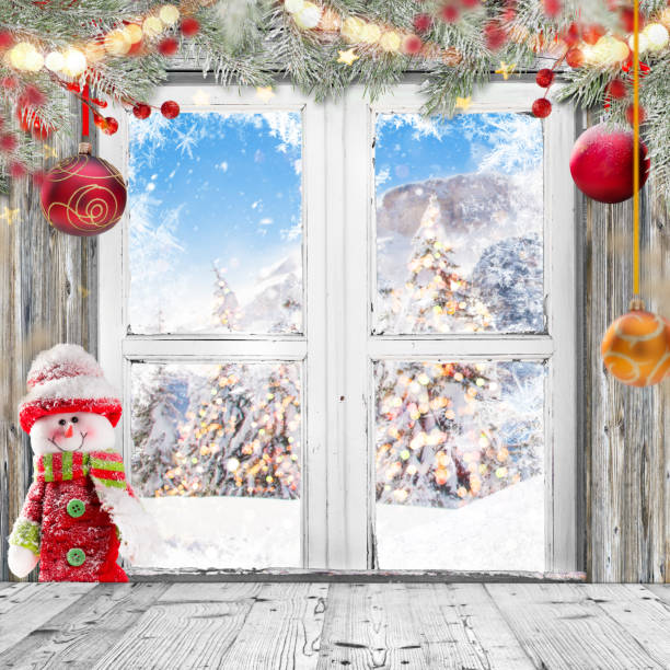 istock Christmas old white window with decorations 871645226
