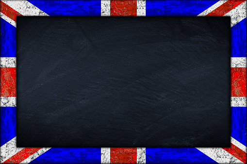 empty chalkboard blackboard with wooden uk united kingdom union jack flag frame blank