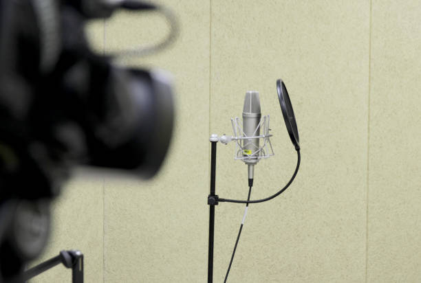 istock Professional condenser studio microphone over the musician blurred background and audio mixer, Musical instrument Concept. 871652048