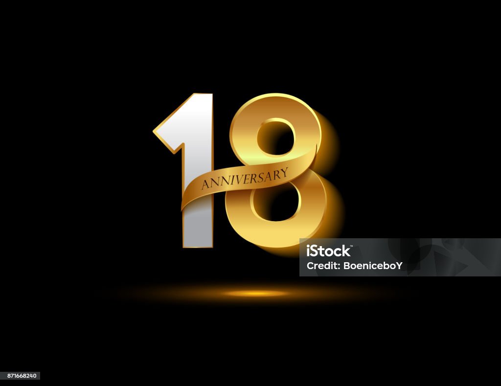 18th anniversary glowing logotype with ribbon golden colored isolated on dark background, vector design for greeting card and invitation card. anniversary glowing logotype with ribbon golden colored isolated on dark background, vector design for greeting card and invitation card. 18-19 Years stock vector