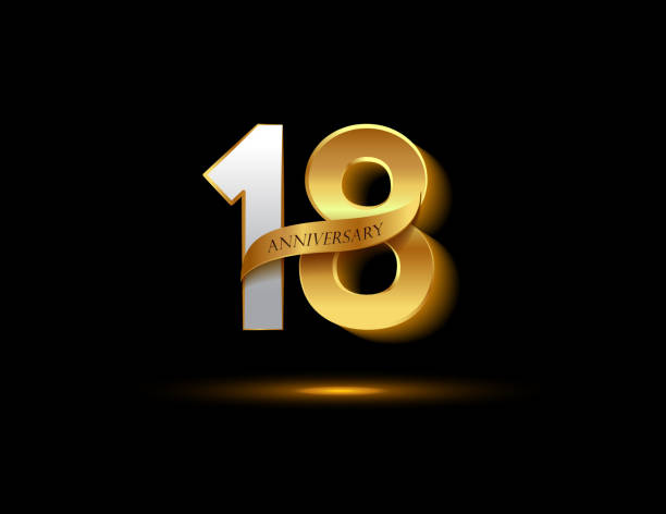 18th anniversary glowing logotype with ribbon golden colored isolated on dark background, vector design for greeting card and invitation card. anniversary glowing logotype with ribbon golden colored isolated on dark background, vector design for greeting card and invitation card. 18 19 years stock illustrations