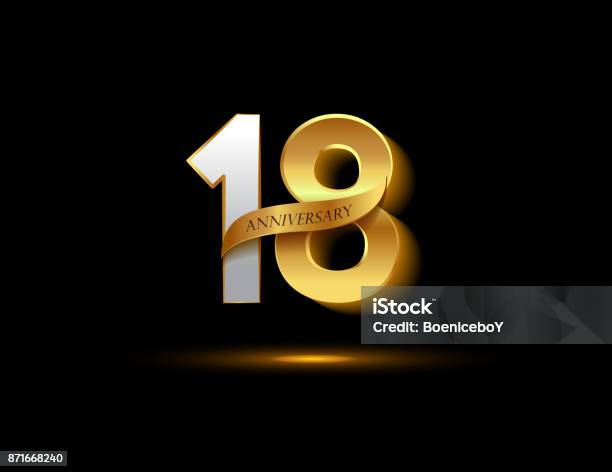 18th Anniversary Glowing Logotype With Ribbon Golden Colored Isolated On Dark Background Vector Design For Greeting Card And Invitation Card Stock Illustration - Download Image Now