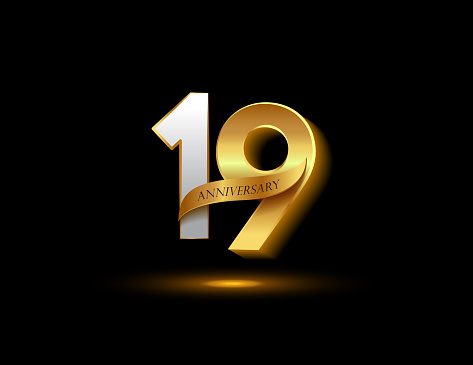 anniversary glowing logotype with ribbon golden colored isolated on dark background, vector design for greeting card and invitation card.