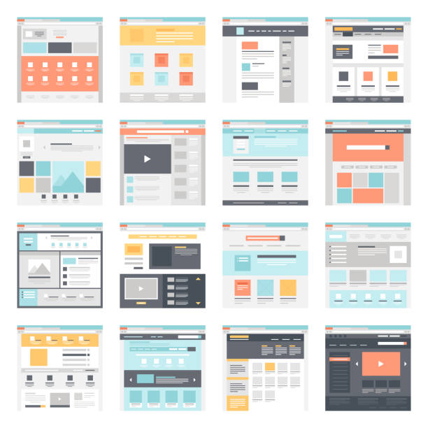Web template Vector collection of flat website templates on blue background. website wireframe stock illustrations