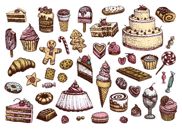 ilustraciones, imágenes clip art, dibujos animados e iconos de stock de dulce colección de dibujos coloreados en estilo vintage. productos de confitería vector ilustraciones. - engraving old fashioned cake food