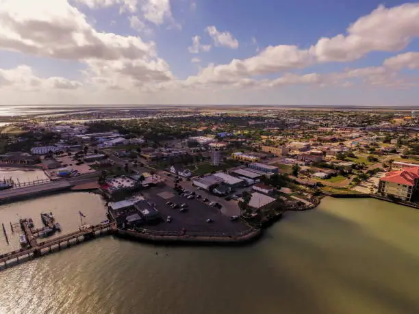 Aerial view of Port Isabell on the Texas Gulf Coast taken with a drone