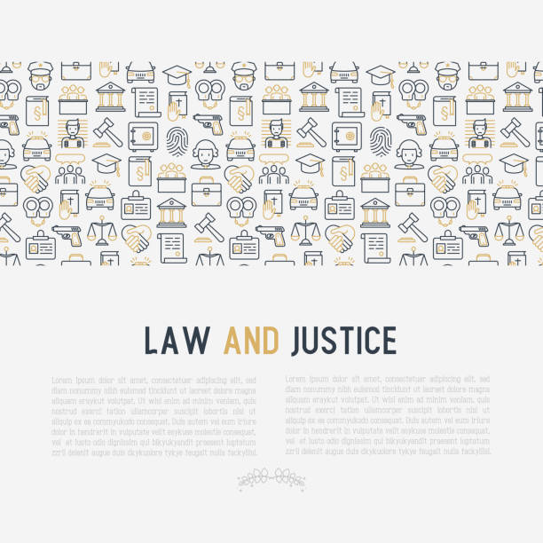 Law and justice concept with thin line icons: judge, policeman, lawyer, fingerprint, jury, agreement, witness, scales. Vector illustration for banner, web page, print media. Law and justice concept with thin line icons: judge, policeman, lawyer, fingerprint, jury, agreement, witness, scales. Vector illustration for banner, web page, print media. law patterns stock illustrations