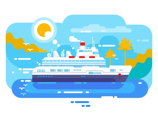 Vector illustration of Cruise ship in sea design flat