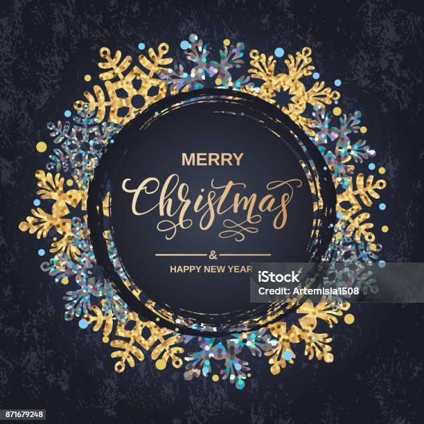 Frohe Weihnachten Handschrift Skript Schriftzug Weihnachtsgruß Mit Schneeflocken Auf Schwarzem Hintergrund Vektorillustration Stock Vektor Art und mehr Bilder von Feiertag