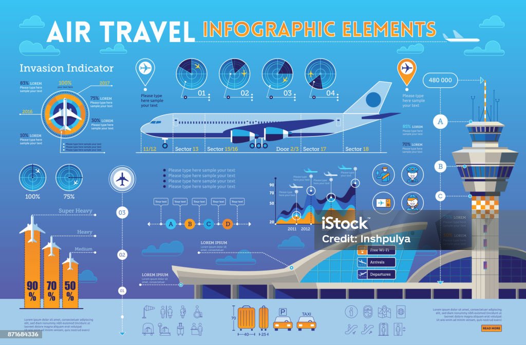 Travel Infographics elements Air travel infographic elements with airplane,airport  design elements. Airport stock vector