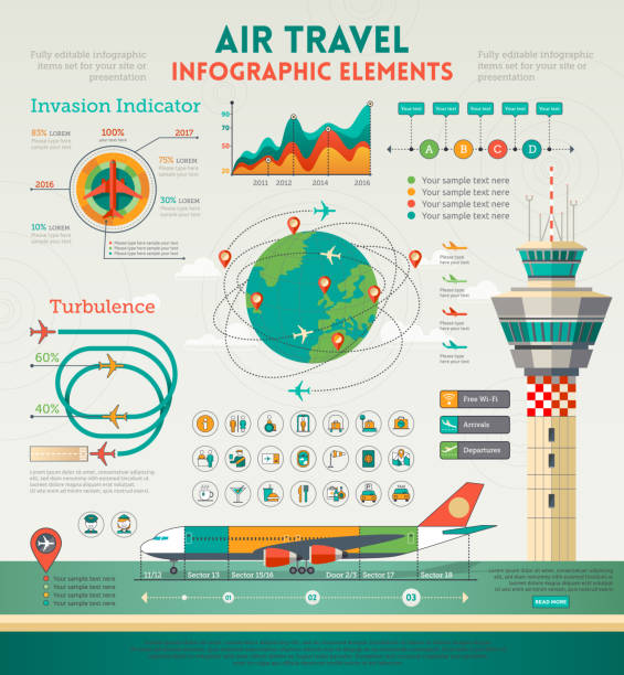 air travel infografiken elemente - usa airport airplane cartography stock-grafiken, -clipart, -cartoons und -symbole