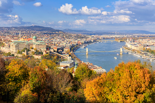 Skyline of Budapest with Szechenyi Chain Bridge, Matthias Church and Hungarian Parliament Building at day