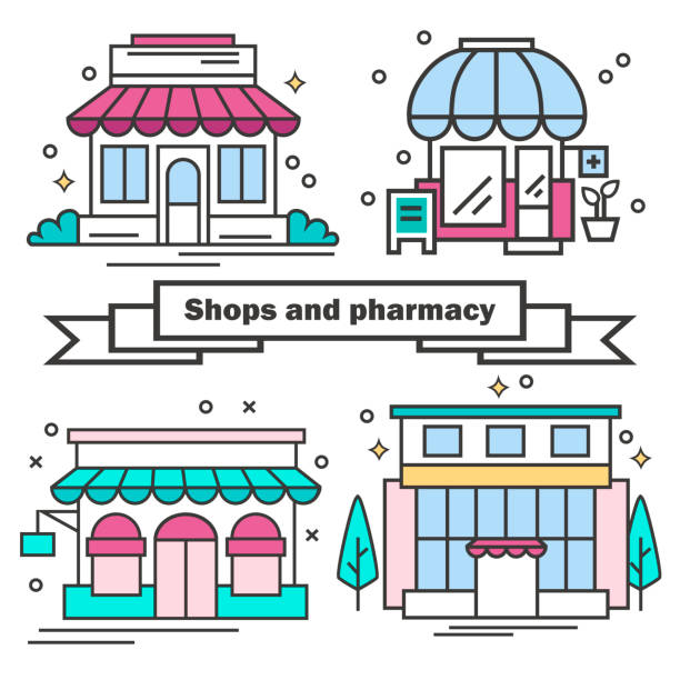illustrations, cliparts, dessins animés et icônes de ensemble de magasins dans un style linéaire. illustration vectorielle - warehouse store retail shopping