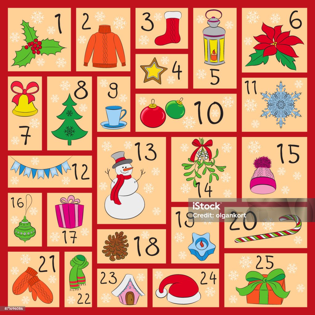 Advent Calendar Cute Christmas Winter And New Year Symbols Hand Drawing