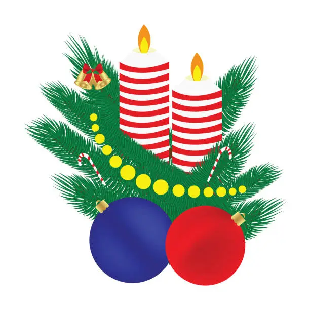 Vector illustration of Christmas composition, candle balls, branches of a Christmas tre